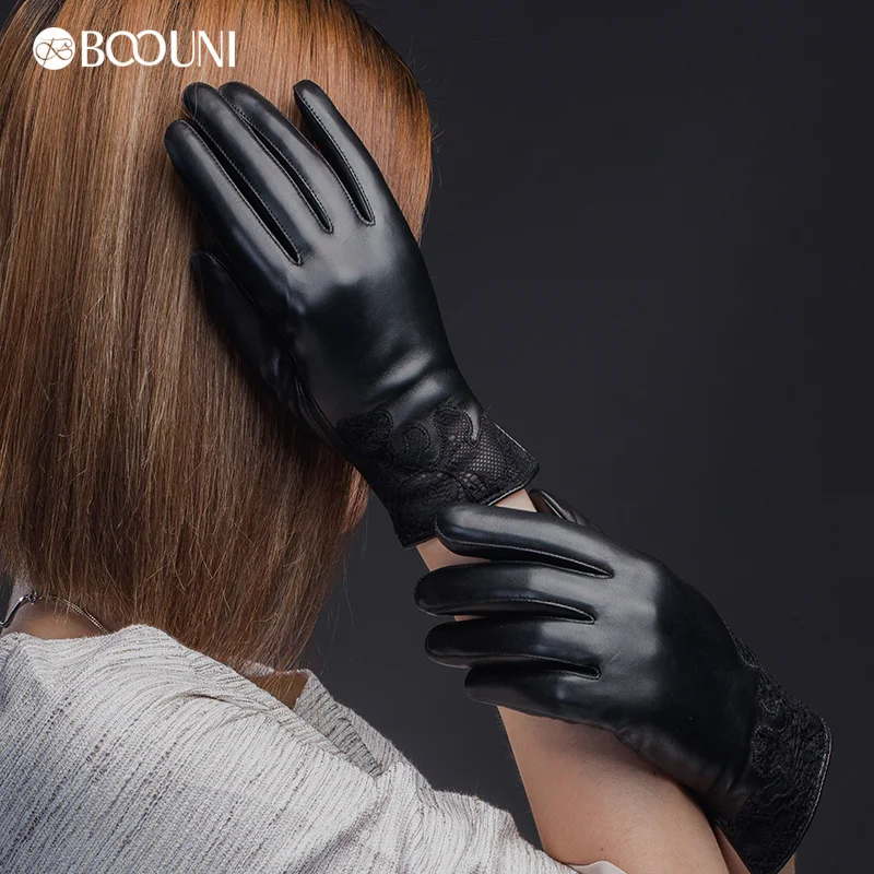 BOOUNI-guantes de cuero genuino para mujer, de alta calidad, a la moda, bordado de encaje negro, de piel de oveja, para invierno, NW075