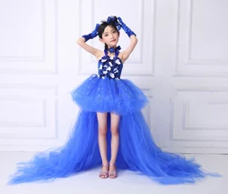 POSH DREAM Sequin Royal Blue Flower Girls Dresses for Party Mermaid Flower Kids Girls Tutu Dress with Train Tulle Kids Clothes