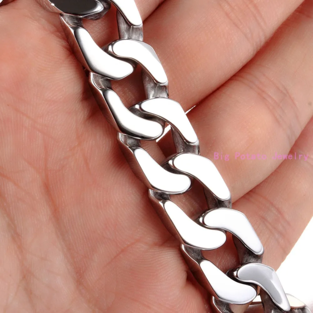 Top Polishing Silver Color Cuban Curb Casting Link Chain Bracelet 316L Stainless Steel Cool Men Bangle Jewelry 12mm*22CM