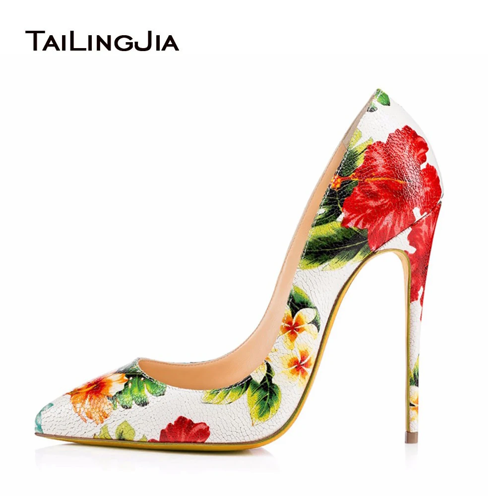 Women Genuine Leather High Heel Pumps Pointed toe Gorgeous Floral Heels Woman Heeled Wedding Bridal Court Shoes Ladies Elegant