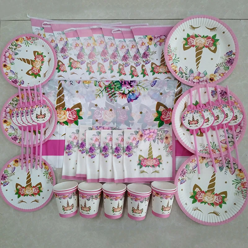 Unicorn Party Supplies Tableware Set Unicorni Paper Cup Plate Cake Topper Kids Happy Birthday Party Baby Shower Girl Decorations