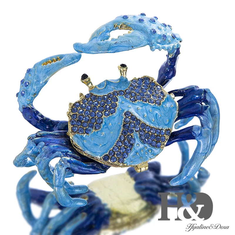 H&D Hand Painted Enameled and Jeweled Crab Trinket Box Ring Holder Hinged Jewelry Collectible Figurine with Gift Box