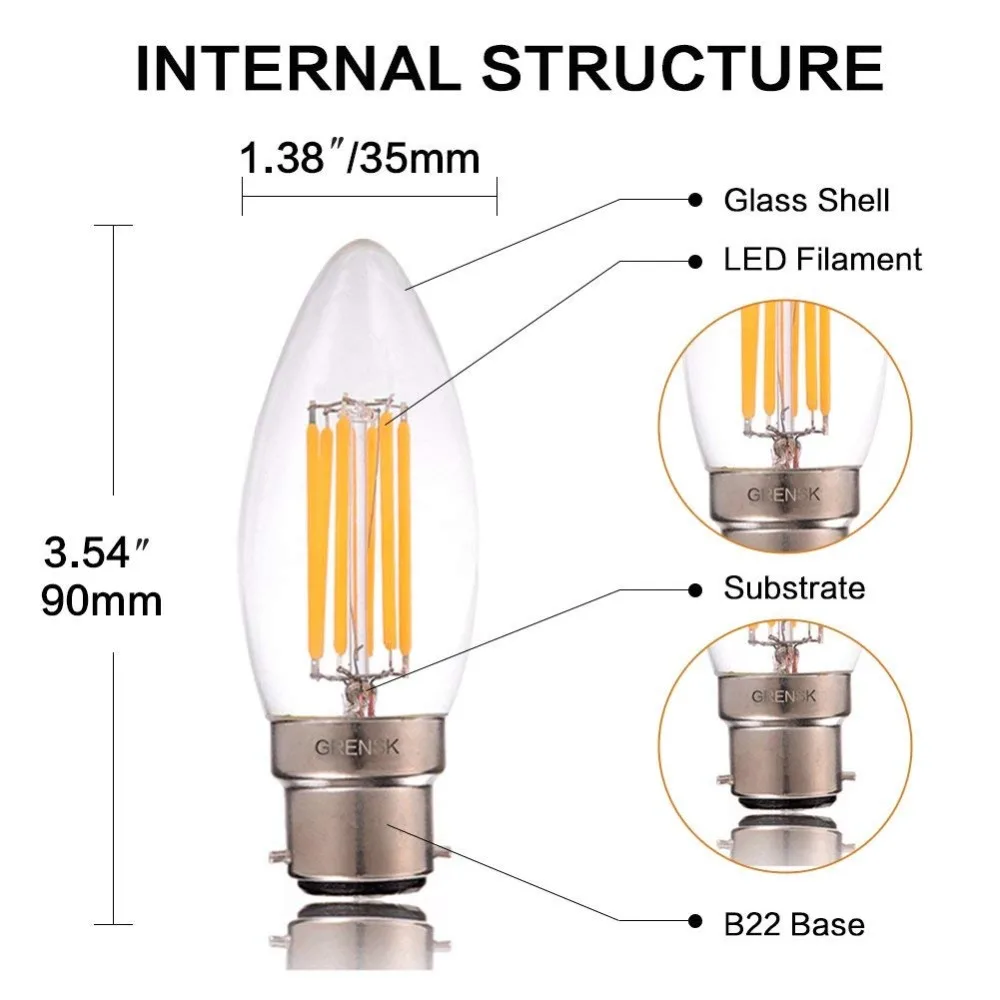 10PCS Led Candle Dimmable Edison Lights Bulb Daylight 6000K Led Filament Bulb Warm White 2700K B22 Led Bulb 6W C35 220V Bombilla