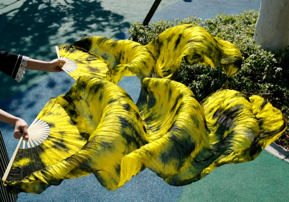 2018 New Arrivals Stage Performance Dance Fans 100% Silk Veils Colored Women Belly Dance Fans yellow + balck mix color (2pcs)