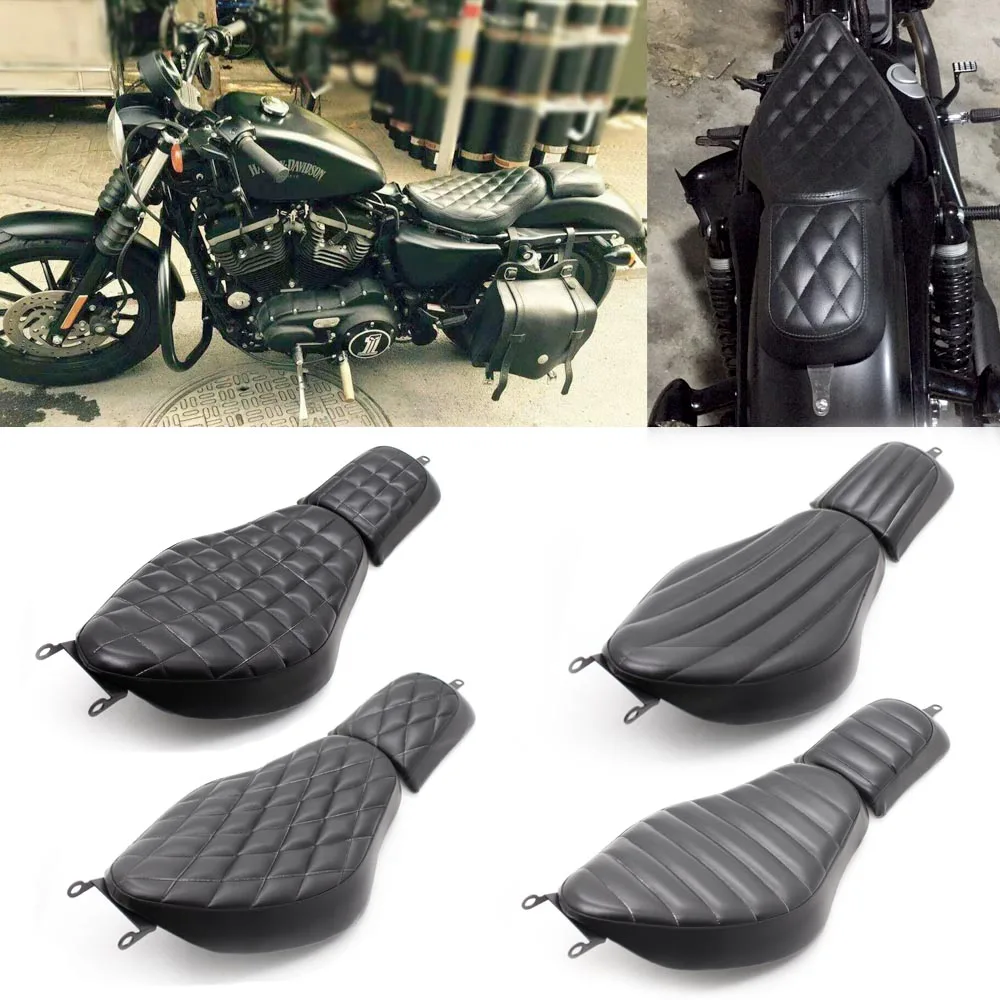 

Four new black motorcycle front driver leather pillow double seat cushions for Harley Sportster 48 XL883 72 X48