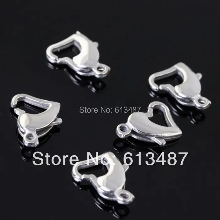 

100pcs 14*10MM Stong Findings 100% Stainless Steel Silver Color Heart Lobster Clasps Fit Necklace