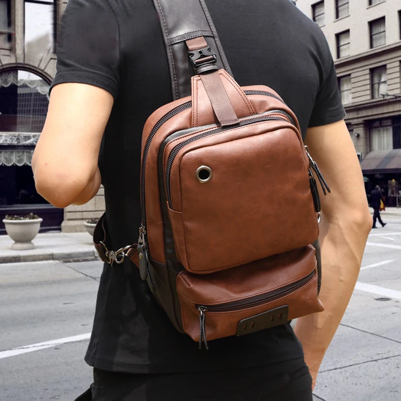 

Vintage PU Leather Men Chest Backbag Casual Fashion Male Messenger Bags Back Pack Crossbody Bags Small Sling Single Shoulder Bag