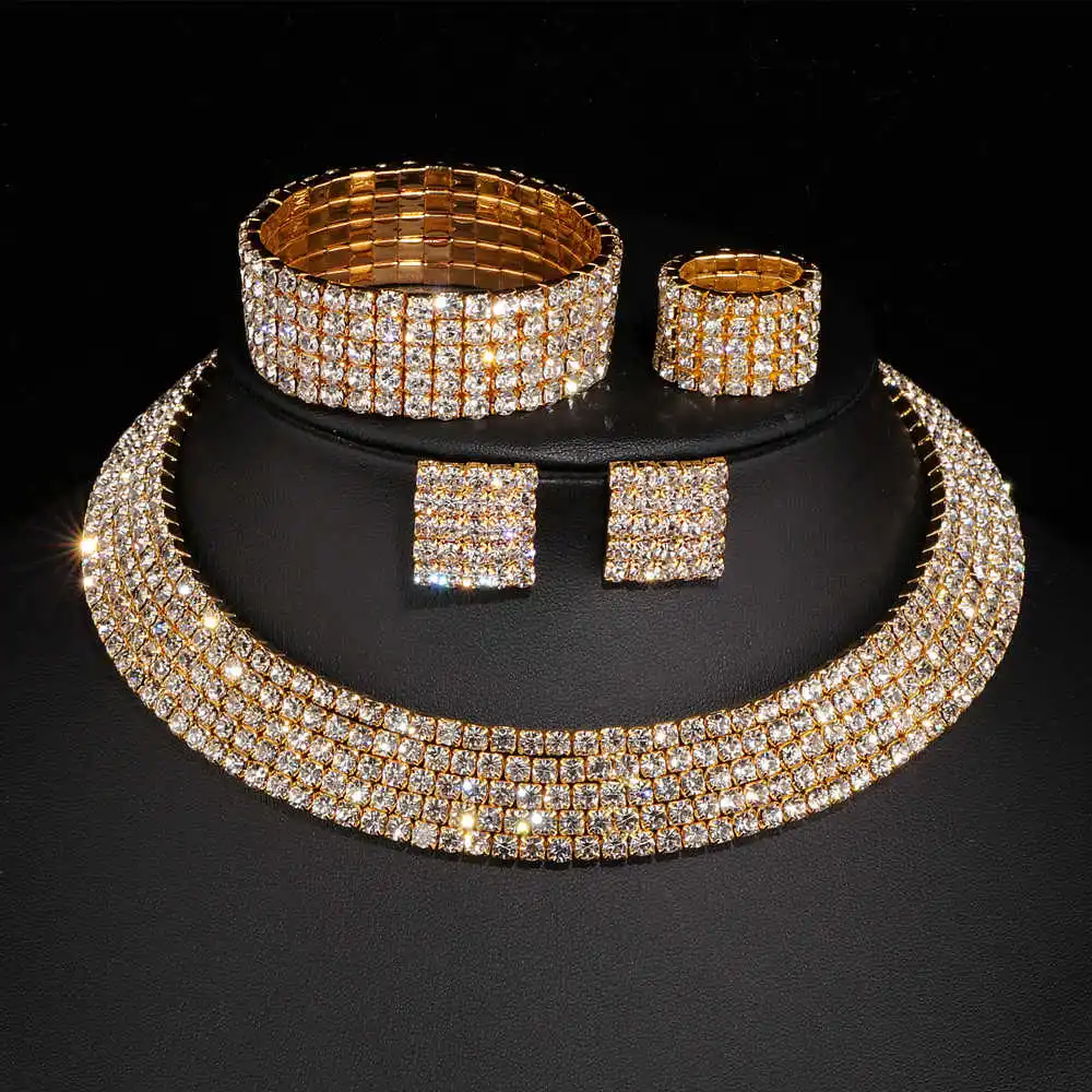 2023 New Luxury Romantic Crystal Wedding Jewelry Sets Silver Color Bridal Necklace Earrings Bracelets Ring Sets For Women W001