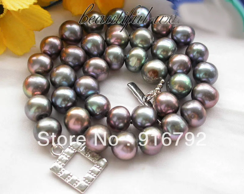 

free shipping 17" 10-11mm Black round freshwater pearl cultured necklace