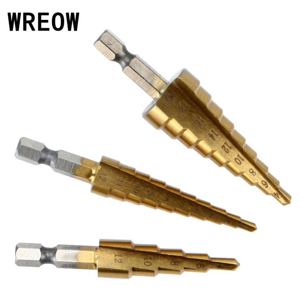 3Pcs 1/4นิ้วมัลติฟังก์ชั่ขั้นตอน Mata Bor HSS Sharpening ไทเทเนียมโลหะ Hex ขั้นตอน Mata Bor ชุดงานไม้เครื่องมือเจาะโลหะ