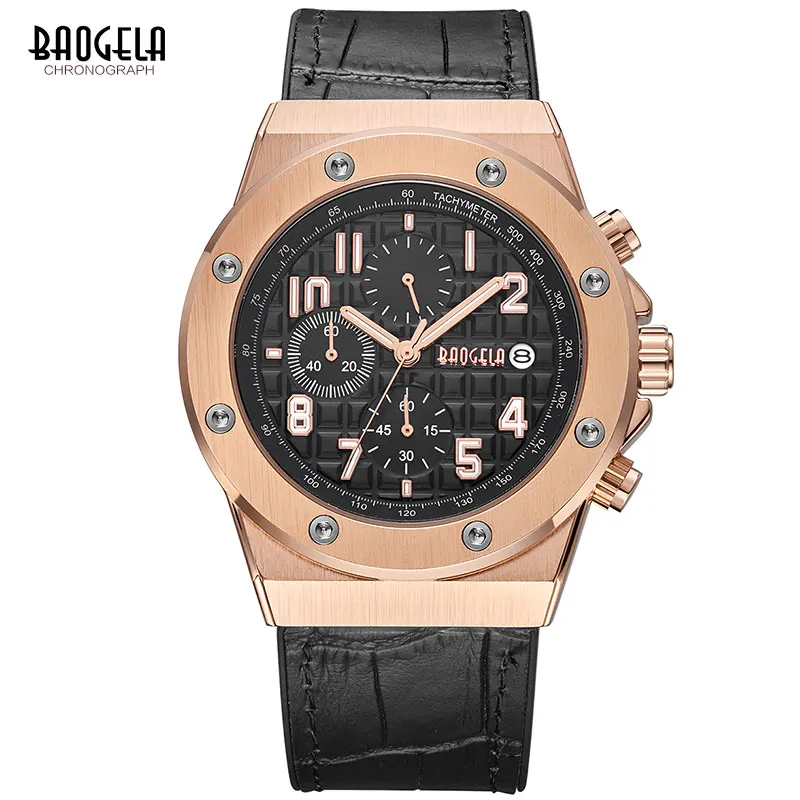 BAOGELA Men's Chronograph Quartz Watches 2019 New Waterproof Sports Casual Wrist Watch Man Leather Strap Clock 1805 Rose black