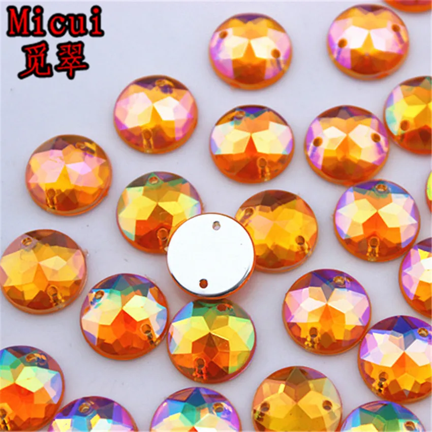 Micui 100PCS 12mm AB Round Acrylic Rhinestones Crystal Flat Back Beads Sew On 2 Holes Stones For Clothing Craft Decoration ZZ327