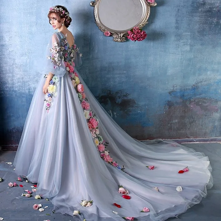 luxury lightblue full flower floral bubble sleeve princess long court dress/ball gown/belle ball/court medieval dress victoria