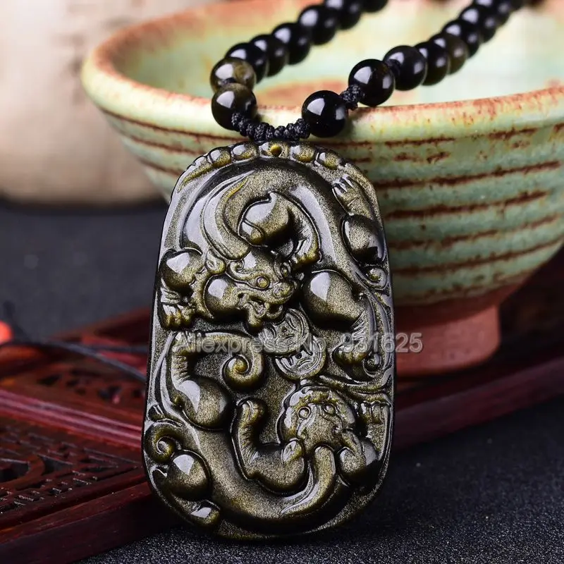 Beautiful Handmade Natural Gold Obsidian Hand Carved Coin PiXiu Lucky Amulet Pendant + free Beads Necklace Fine Jewelry