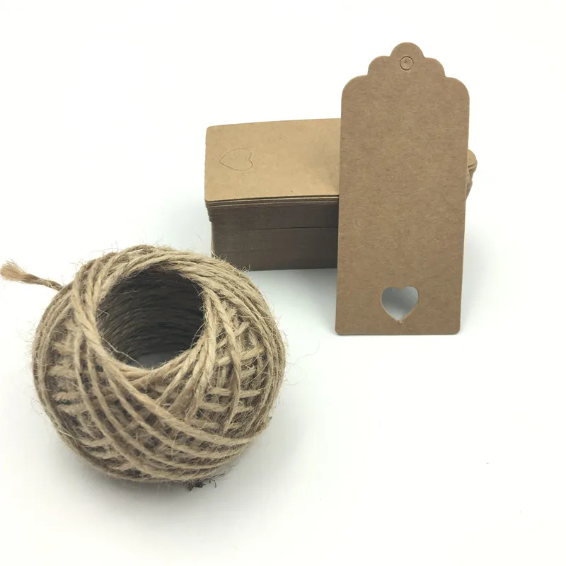 100pcs White Brown Hollow Heart Paper Hang Tags DIY scallop Label Wedding Gift Decorating Tag Luggage Note 15M Rope 9*4cm
