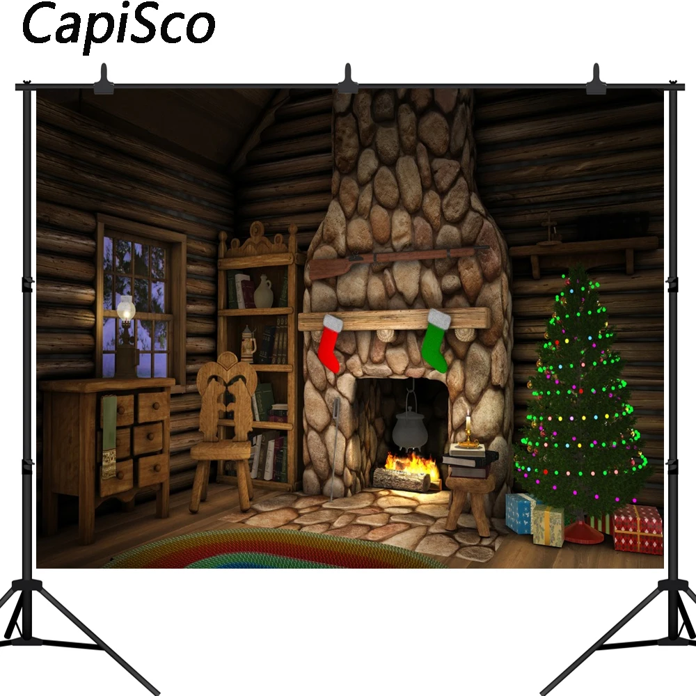 

Capisco Photography Backdrops Christmas Tree stone Fireplace Carpet Hunter hut Photo Backdrops For Photo Studio