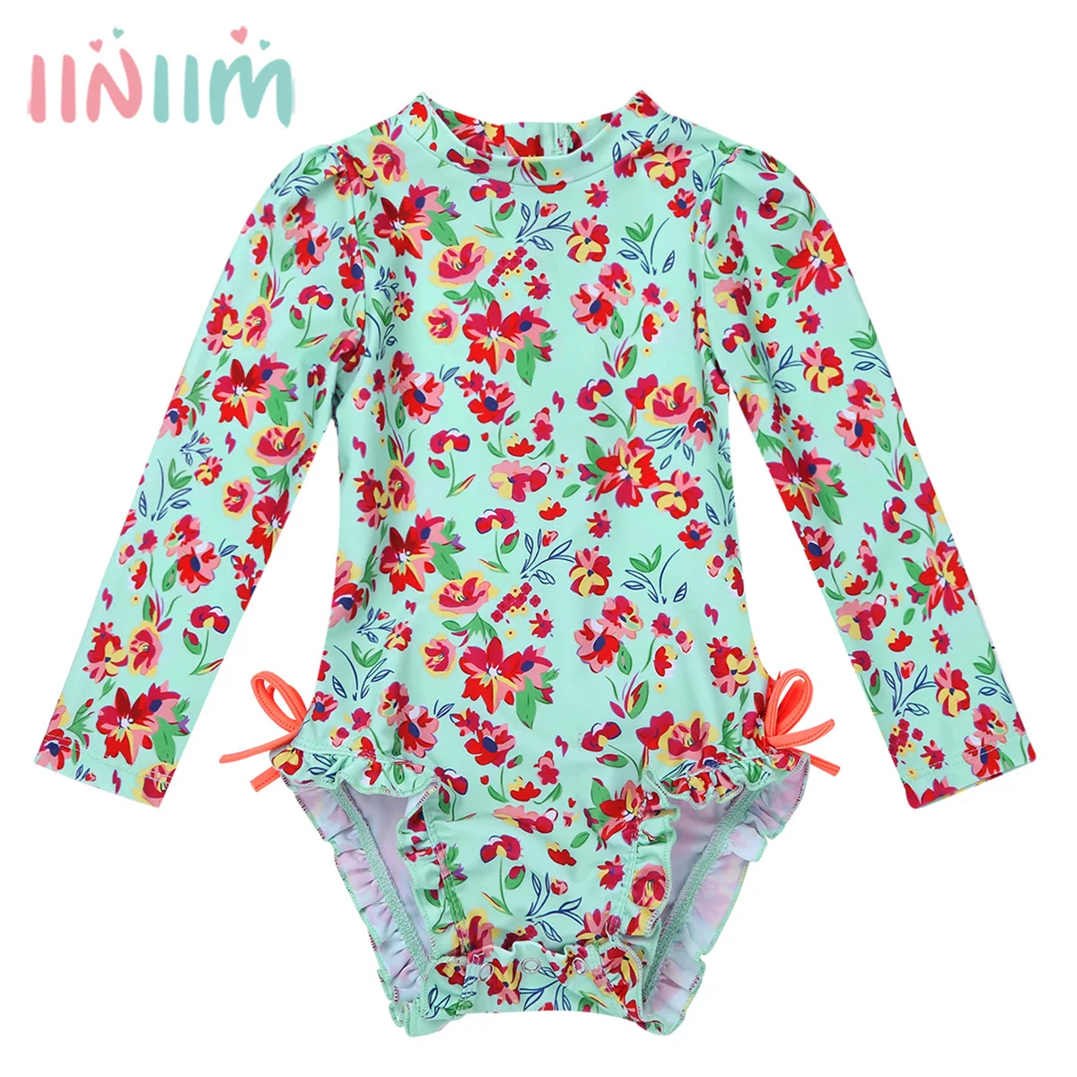 

iiniim Newborns Baby Girls Clothing One-piece Long Sleeves Floral Printed Back Zipper with Ruffles Swimsuit Bath Suit Rash Guard