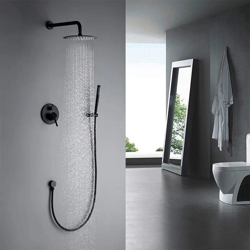 Imagem -05 - Matte Black Round Shower Conjunto com Torneiras Misturadoras Torneira do Banheiro Torneira de Banho Cabeça Redonda Braço de Parede Reto 10 12 Vendido