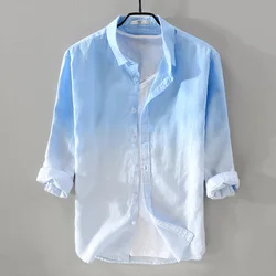 New Designer Pure Linen Shirt Men Brand Three-Quarter Sleeve Fashion Gradient Blue Shirts For Men Casual Camisa Chemise