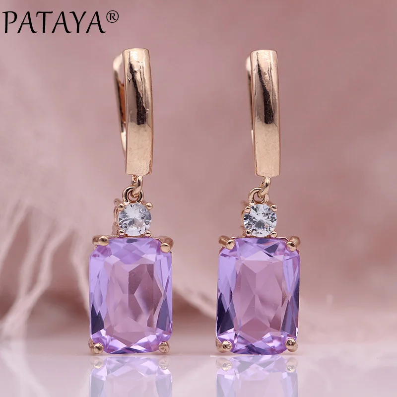 PATAYA New Square Dark Blue Long Earrings Women Wedding Jewelry 585 Rose Gold Color Multicolor Natural Zircon Dangle Earrings