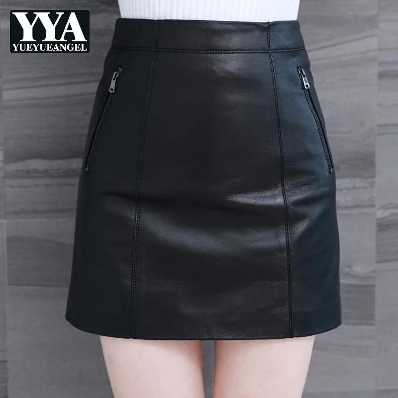 Primavera outono nova pele de carneiro couro genuíno mini saias a linha mulheres cintura alta sexy saias de couro natural senhora