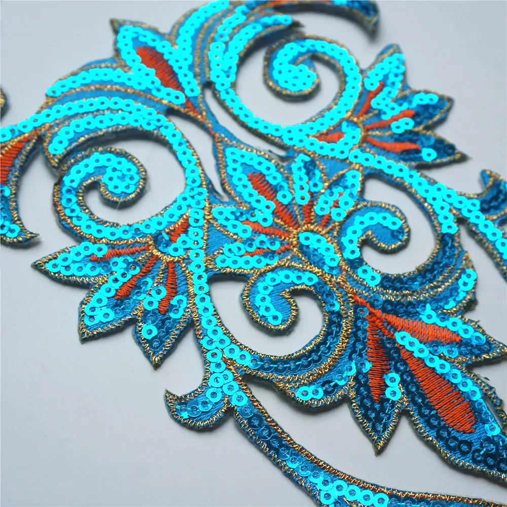 Gold Blue Sequined Patches Flower Totem Sew Iron On Badges Embroidered Appliques For Clothes DIY Craft Decoration Sticker