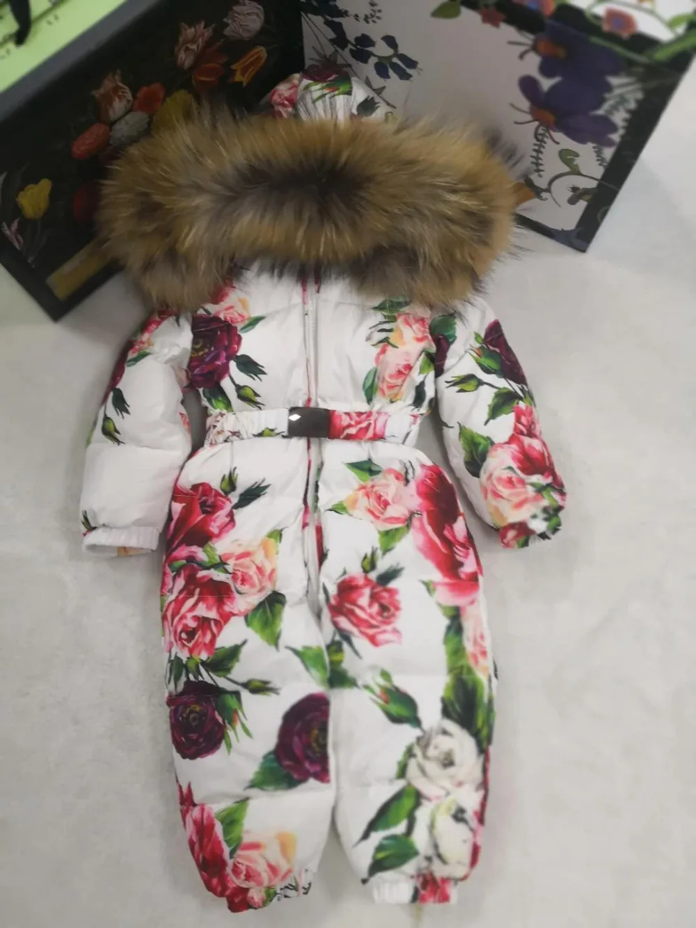 Real fur hooded baby outergoing 2021 Winter Jacket child jackets children jumpsuit snow suit girl floral down boy Baby coveralls