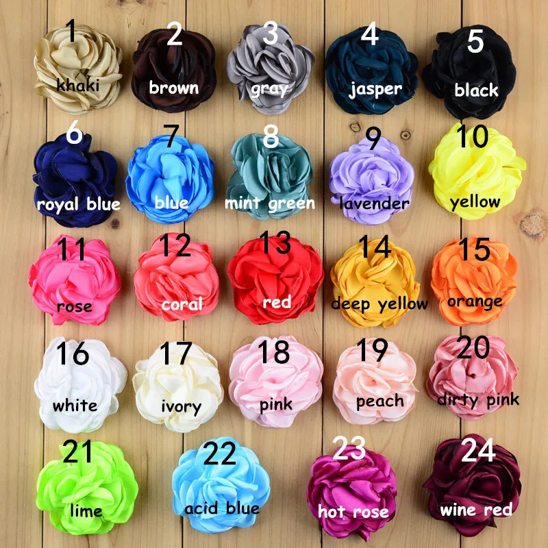 Nishine 30pcs/lot 24 Color 2 Inch Satin Ruffled Rosette Flowers Burned DIY Garment Wedding Decoration Hair Clips Accessories