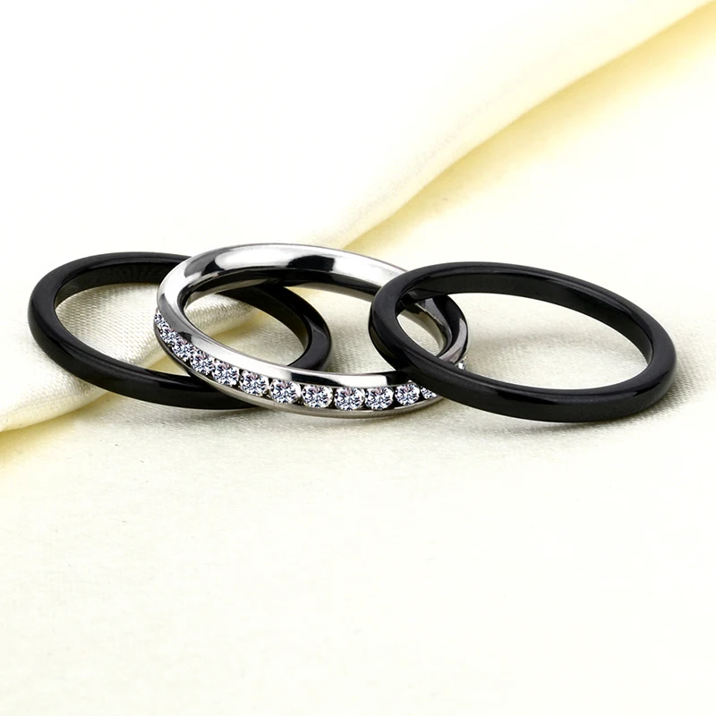 3PCS/Set Modern Colorful Rings Set Innocuous Health Ceramic Rings With White Stone Crystal For Women Stainless Steel Hot Ring