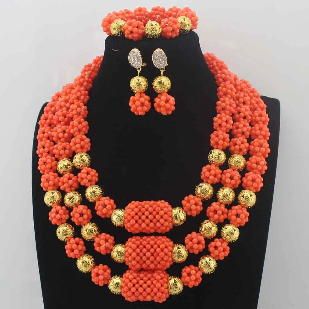 

Genuine Handmade Orang Coral Beads Balls Wedding Jewelry Set Fashion Coral Costume Jewelry Nigerian Brides Free Shipping HD8601