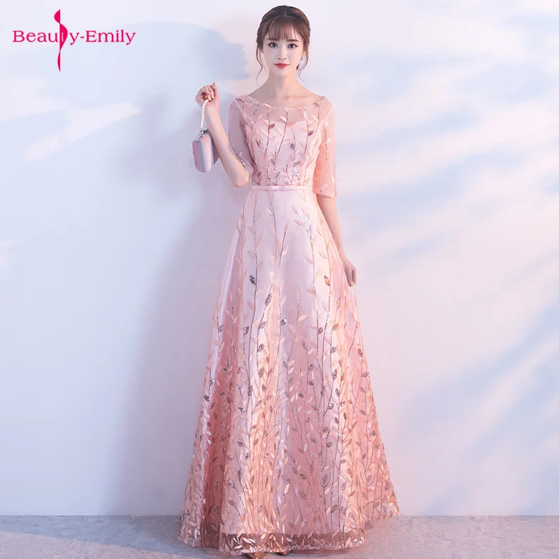 

Beauty Emily Pink O Neck Evening Party Dresses Lace Appliques Floral Sequins Prom Gowns Tulle Elegant Party Dress Vestido