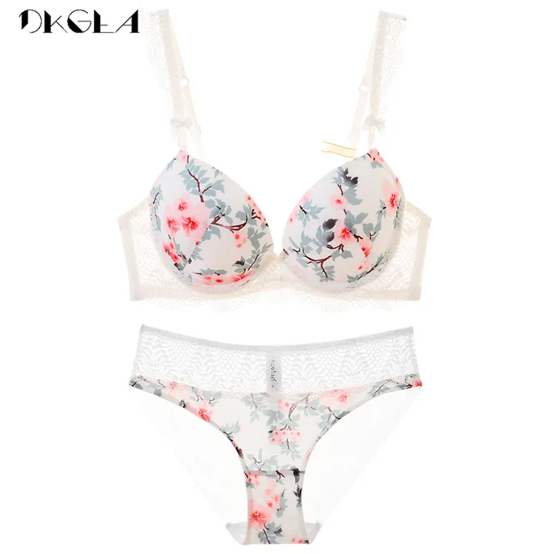 2020 New Black Printing Bras Women Underwear Set Sexy Cotton Push Up Bra Set Thick Brassiere A B C Cup Lace Lingerie Sets White