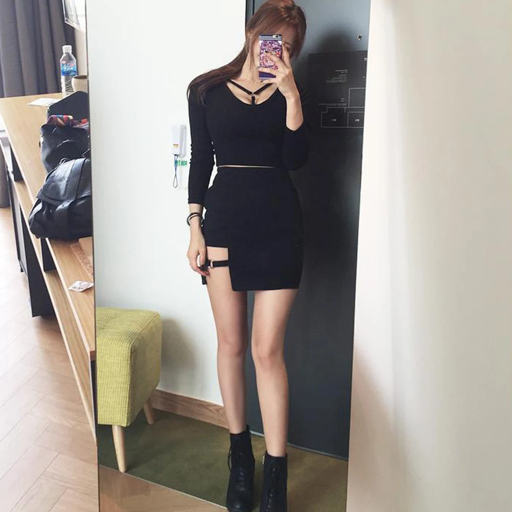 KLV Women Summer Harajuku Sexy Irregular High Waist Bandage Skirt Female Black Gothic Mini Bodycon Short Skirt Slim Clubwear