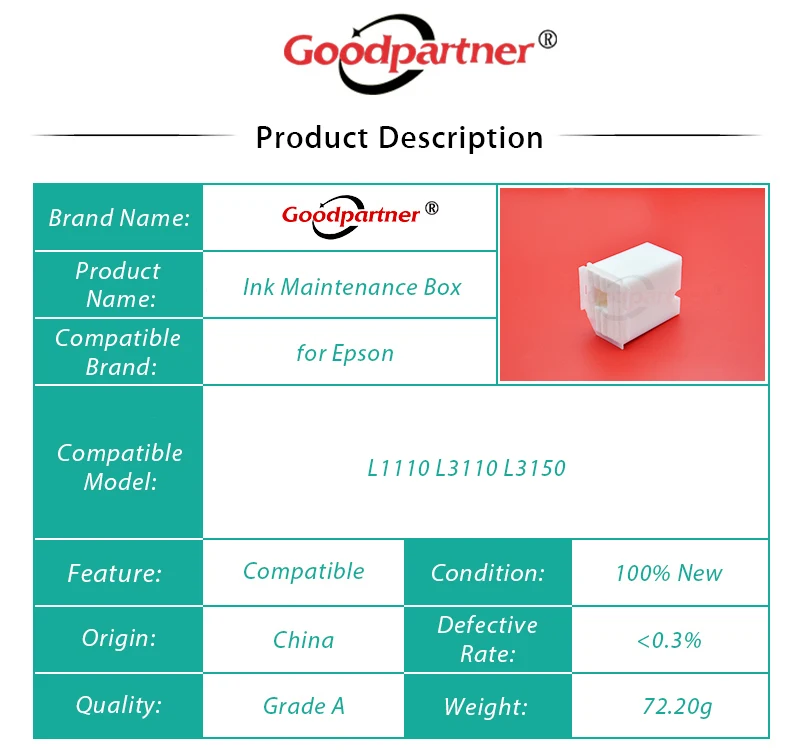 Caixa de manutenção Tanque de tinta para EPSON, 1X, 1830528, 1749772, L3100, L3101, L3110, L3115, L3116, L3150, L3151, L3156, L3158, L3160, L3165