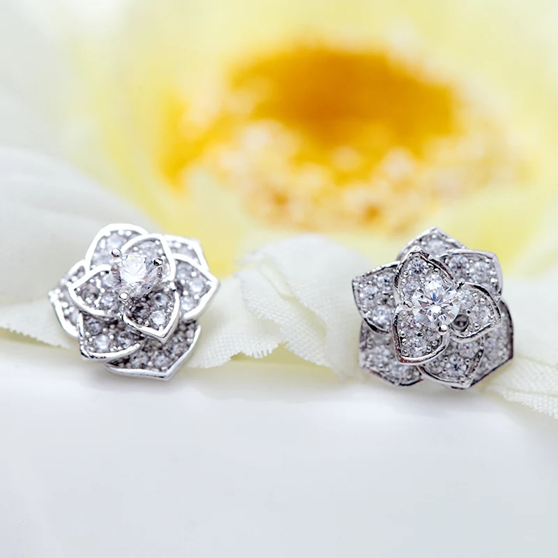 LUOTEEMI Trendy Statement Rose Flower Cubic Zircon Champagne Gold-Color Stud Earrings For Women Luxury Brincos Wholesale Items