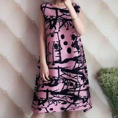 

HOT SELLING Miyake summer new fashion fold printed sleeveless A-line dress IN STOCK