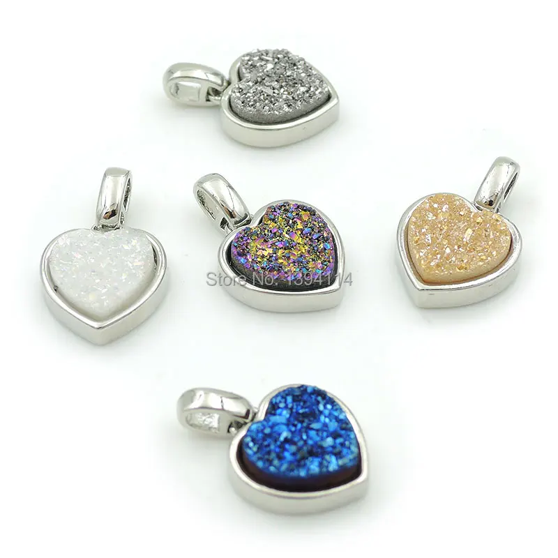 Titanium Coated Crystal Druzy Heart Pendant Gluing Setting Silver Plated Approx 10*10*4mm