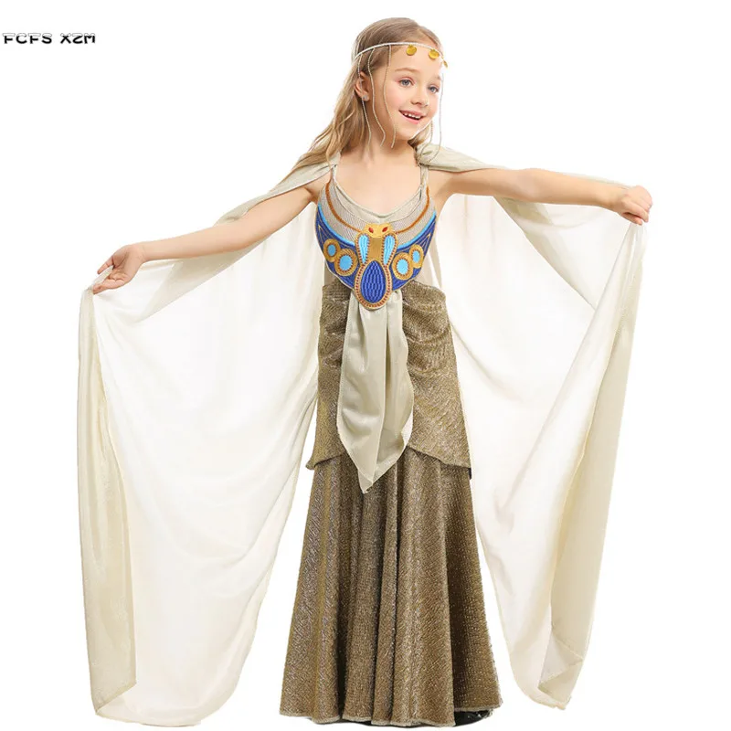 XS-L Girls Princess Queen of Egypt Cosplay Kids Children Halloween Cleopatra Costume Purim Carnival Parade Role Play Party Dress