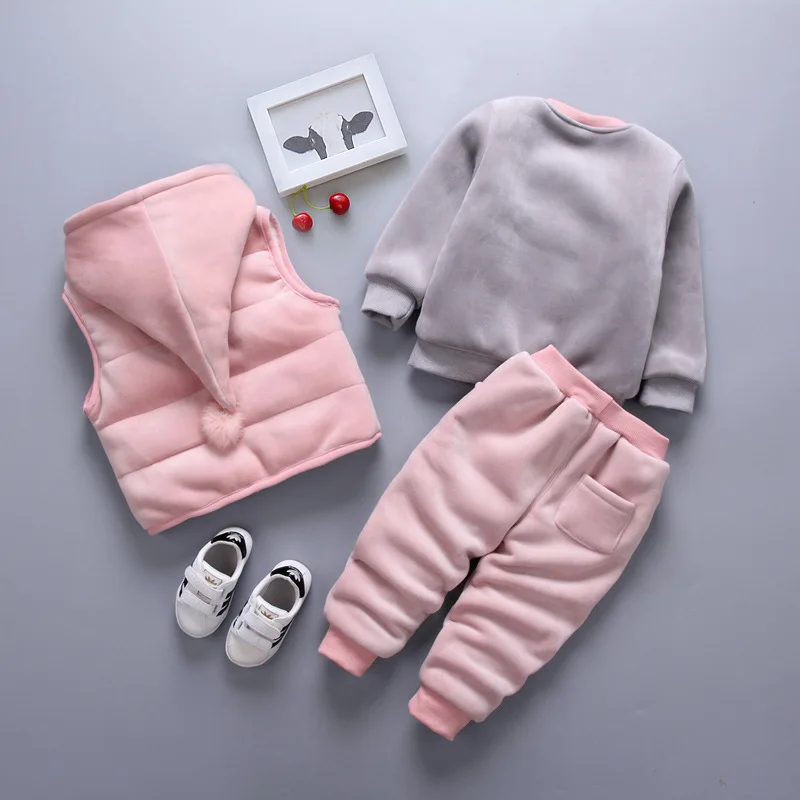 Winter Baby Sets for Boys Girls Clothing Sets Warm Thicken Cartoon Cotton Sweatshirt + hooded Vest +Pants 3pcs Sets Kids Clothes