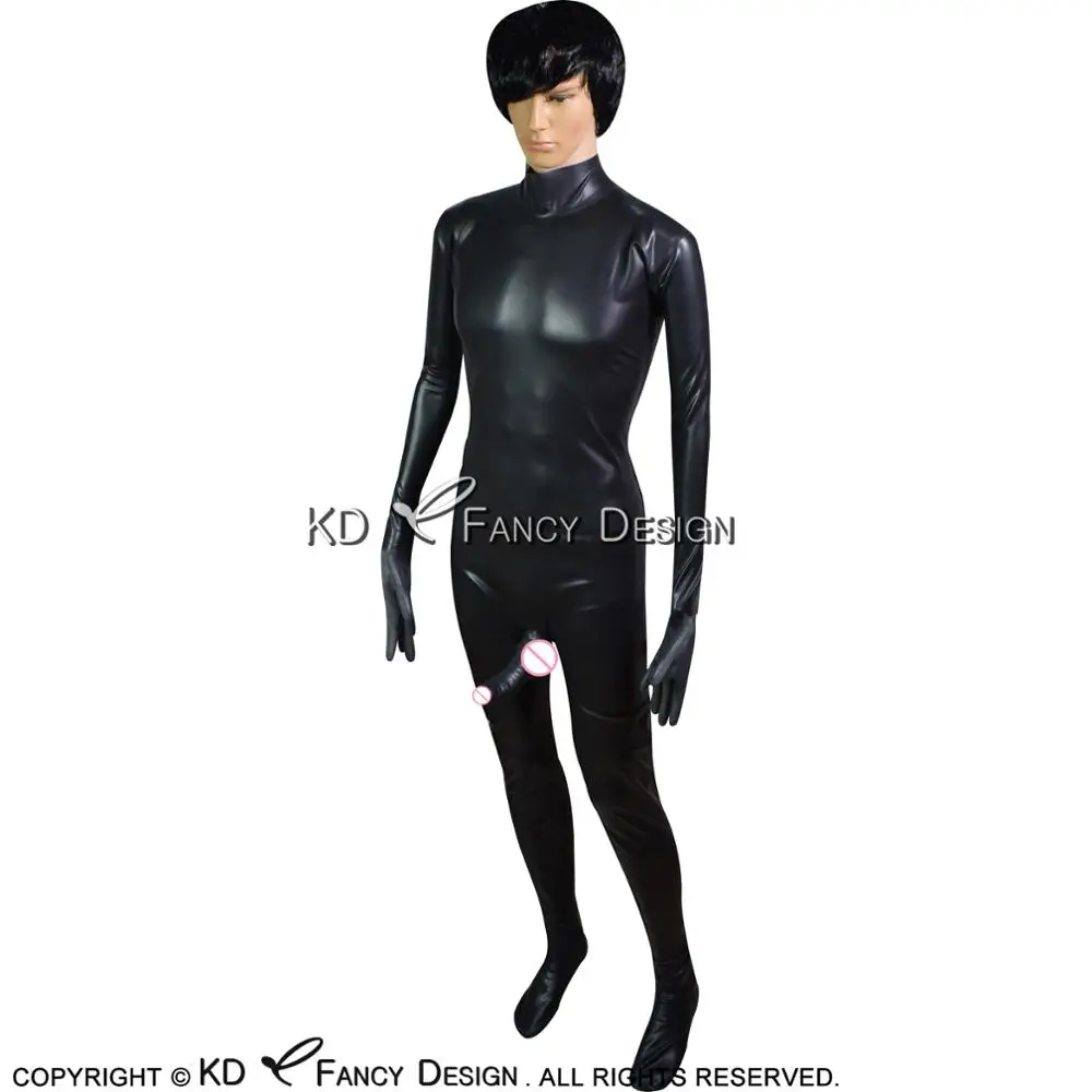 Black Sexy Latex Catsuit With Feet And Gloves Penis Sheath Back Zipper Rubber Bodysuit Overall Zentai LTY-0142