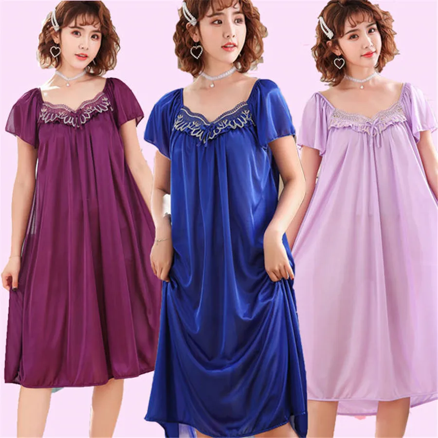 2021 NEW Summer Ice Silk Nightgown Female Home Service Loose Plus size Comfort Imitation Silk Sexy Pregnant Woman Nightdress