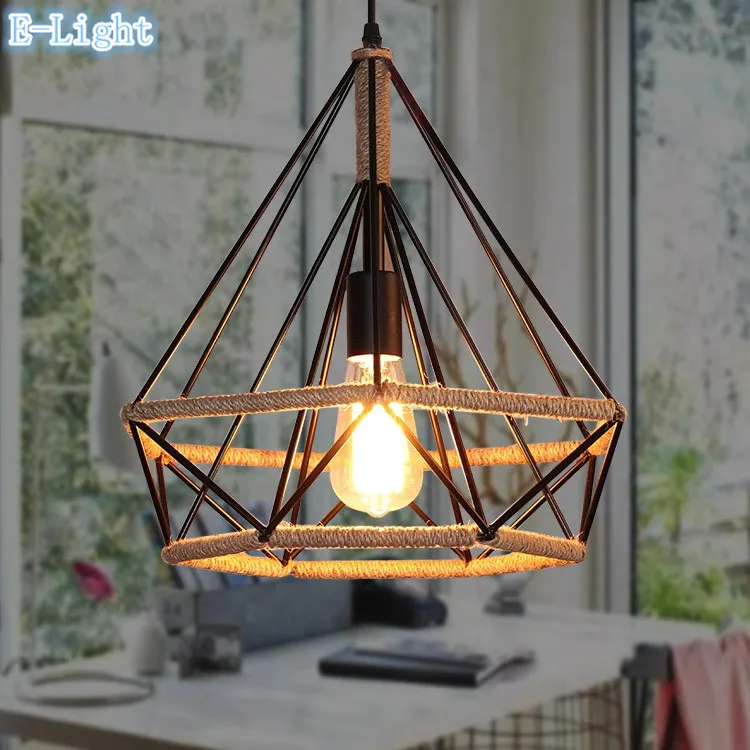 Vintage Birdcage Anhänger Lichter Seil Diamant Eisen Minimalistischen Retro Beleuchtung Skandinavischen Loft LED Pyramide Lampe Metall Käfig Esszimmer