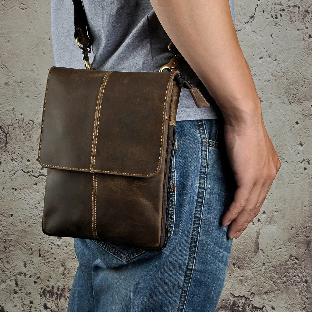 Crazy Horse Leather Men Vintage Retro Slim Messenger Shoulder Crossbody Bag Design Fanny Waist Belt Pack Phone Pad Pouch 8713