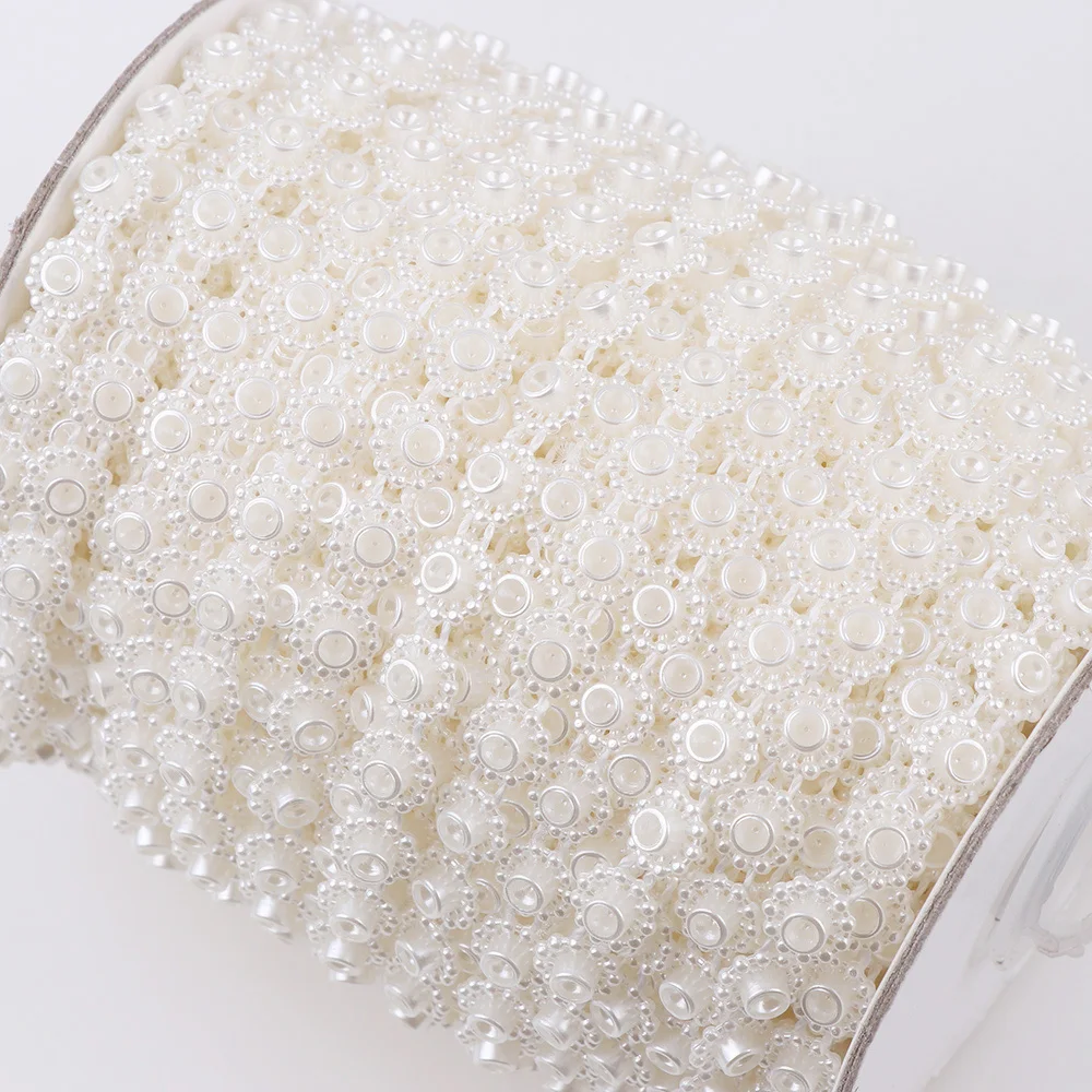 9mm Width 2M Length Flatback ABS Plastic Pearl Chain Cotton Thread Connection Beads for DIY Wedding Dress Crafting Decoration