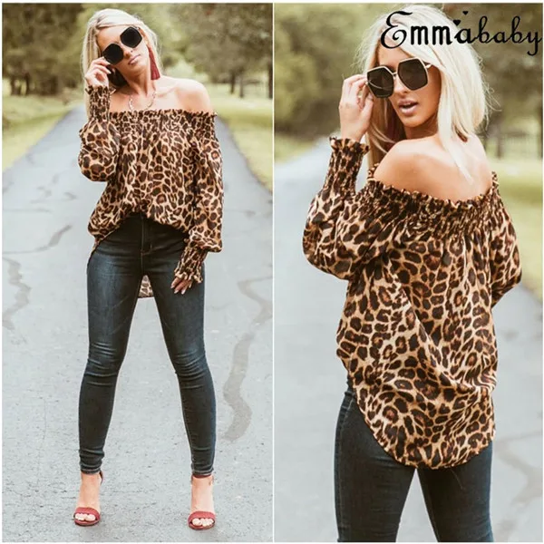 HIRGIN Newest Sexy Women\'s Off Shoulder Tops Long Sleeve T Shirt Leopard Print Tee