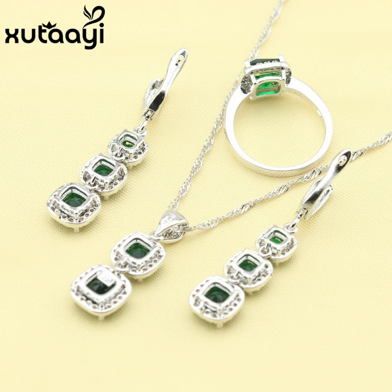 New Sterling Silver Overlay Jewelry Sets For Women Superb Green  Created Emerald  Flawless Necklace Rings Earring Free Gift