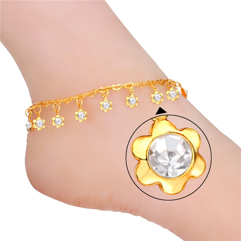 U7 White Crystal Sunflower Flower Anklet Bracelet Foot Jewelry Rhinestone Long Bracelet For Women A323