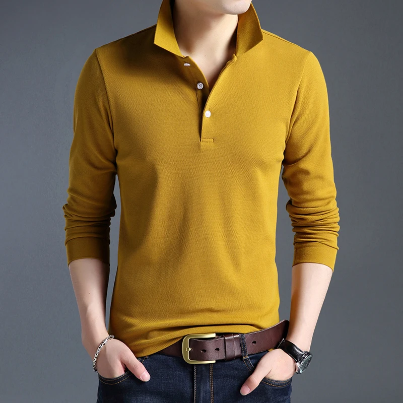 Top Grade New Fashion Men Polo Shirt Solid Color Slim Fit Polo Men Long Sleeve Mercerized Cotton Casual Polos Shirt Mens M-4XL