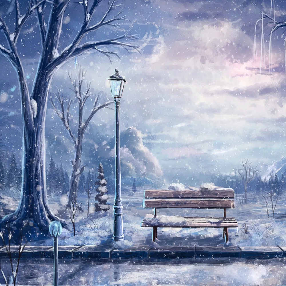 

10x10FT Snow Flakes Winter Wonderland Park Bench Light Pine Forest Custom Backdrop Photo Studio Background Vinyl 300cm x 300cm