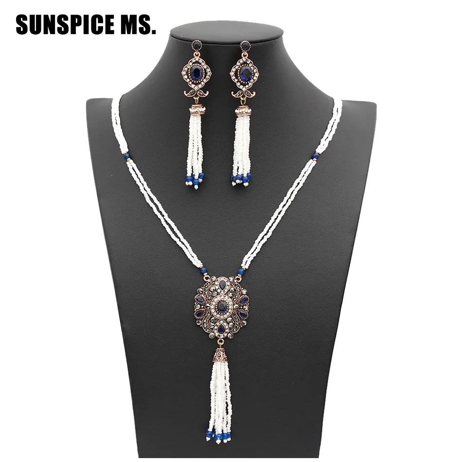 Sunspicems Elegant Turkish Women Bead Jewelry Sets Long Bead Chain Necklace Tassels Earrings Antique Gold Color Arabic Jewelry